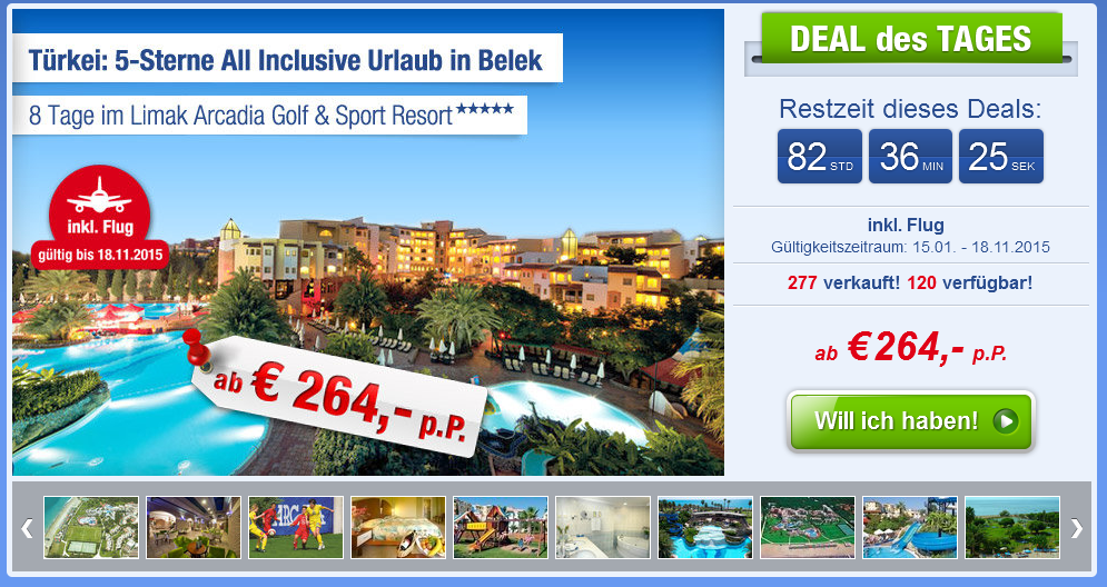 Screenshot Ab-in-den-Urlaub-Deals Belek, Türkische Riviera Urlaub im 5 Sterne Limak Arcadia Golf & Sport Resort