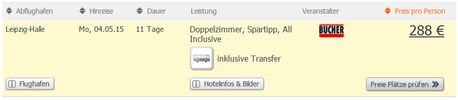 Screenshot Angebot Weg.de Reise nach Djerba, All-Inclusive im 3 Sterne Hotel Sangho Village inklusive Transfer & Hin- und Rückflug 25.4.15