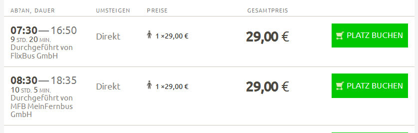 Screenshot Flixbus Angebot Fahrt mit dem Fernbus von Berlin nach Amterdam