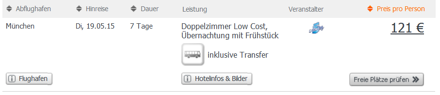 Screenshot Angebot Weg.de Eine Woche Urlaub in Nordzypern, im 3 Sterne Holiday Village Rose Garden in Lapta, inklusive Frühstück, Transfer und Flügen.  13.5.15