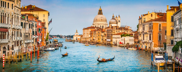 Canal Grande Panoramablick bei Sonnenuntergang, Venedig, Italien