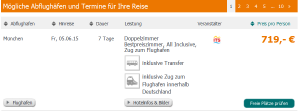 Screenshot Angebot Tropo.de Eine Woche All-Inclusive Urlaub in der Dom. Rep., inklusive Flüge, Transfer und dem Zug zum Flug um 719€ 9.5.15