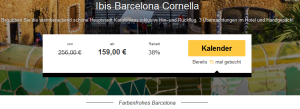 Screenshot Travelbird Angebot Viertägige Städtereise nach Barcelona, Übernachtungen im 2 Sterne Hotel Ibis Barcelona Cornella, Hin- und Rückflügen 2.5.15