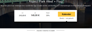 Screenshot Travelbird Angebot Viertägige Städtereise nach Dublin, im 3 Sterne Hotel Aspect Park West inklusive Hin- und Rückflug 4.5.15